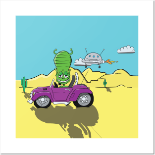 Alien driving a Purple Car in the Desert Landscape with UFO Posters and Art